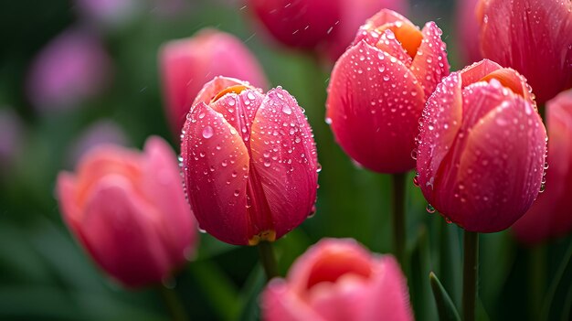 Levendige oranje tulpen schitteren van de dauw in een voorjaarstuin