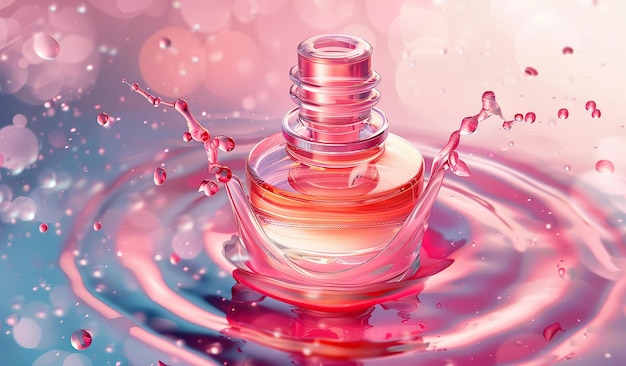 Levendige parfumfles te midden van wervelende roze druppels