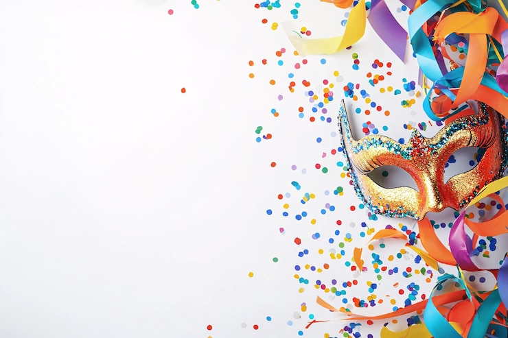 Foto levendige posterpatroon met feestelijke maskers en confetti ideaal voor het promoten van levendige evenementen tegen een schone witte achtergrond