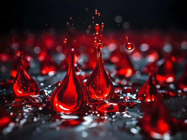 Levendige rode bloeddruppels op de donkere achtergrond creëren een levendig beeld van het leven essentiële vloeistof