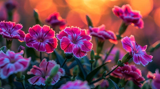 Levendige roze bloemen bloeien in de schemering met zacht zonlicht dat de bloemblaadjes in een serene tuin verlicht