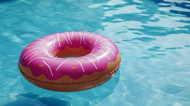 Levendige roze donut drijft in een blauw zwembad Zomertijd vrije tijd en plezier concept Ideaal voor zomer thema ontwerpen en water gerelateerde inhoud AI