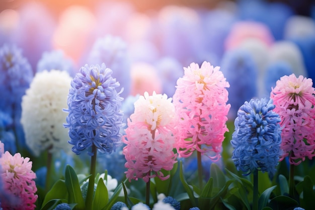 Levendige roze en blauwe hyacinthebloemen in volle bloei die de lente en de natuurlijke schoonheid symboliseren