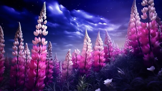 Foto levendige roze en paarse bloemen van lupine veld onder nachtelijke sterrenhemel