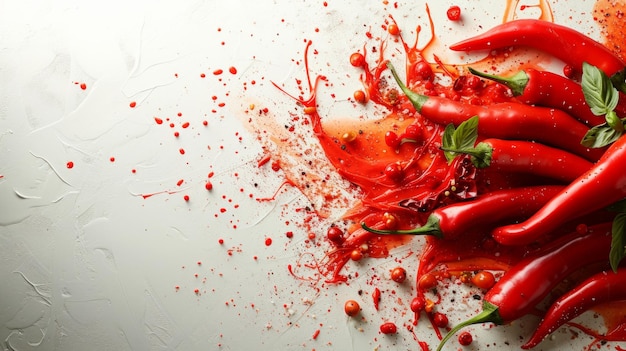 Levendige salsa-splatters en chili-pepermotieven die de pittige keuken weerspiegelen