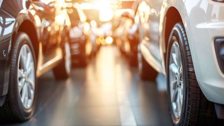 Levendige showroom van een autodealer met een close-up beeld van voertuigen die te koop of te huur zijn