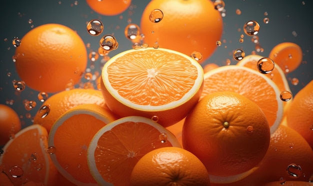 Levendige sinaasappelen drijven in helder water, verlicht door zonlicht Glinsterende druppels sieren de vruchtzetting tegen een strakke zwarte achtergrond AI Generatief