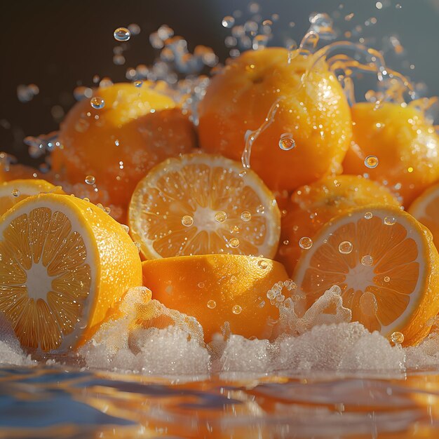 Foto levendige sinaasappels spetteren in het water op het gouden uur