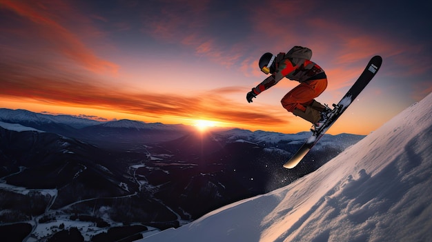 Levendige ski-springer in de lucht tegen de ondergaande zon