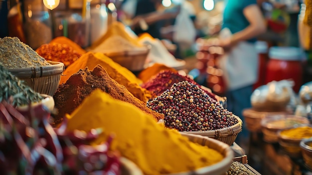 Foto levendige specerijen op een drukke markt de rijke kleuren en textuur van de specerijen creëren een feest voor de zintuigen