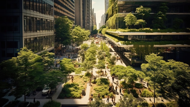 Foto levendige stedelijke tuin met verticale plantenbakken en met groen bedekte muren die het stadsleven op duurzame wijze opnieuw definiëren