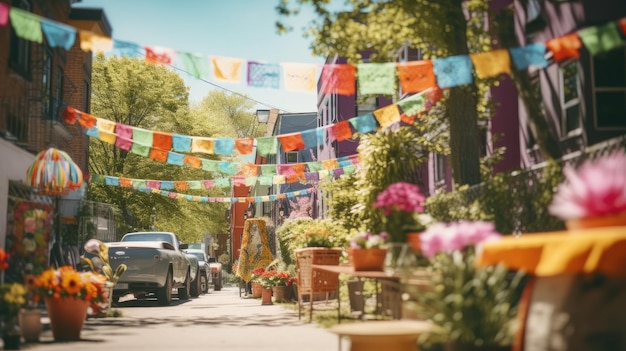 Levendige straat versierd met kleurrijke vlaggen die wapperen in de wind Chico De Mayo