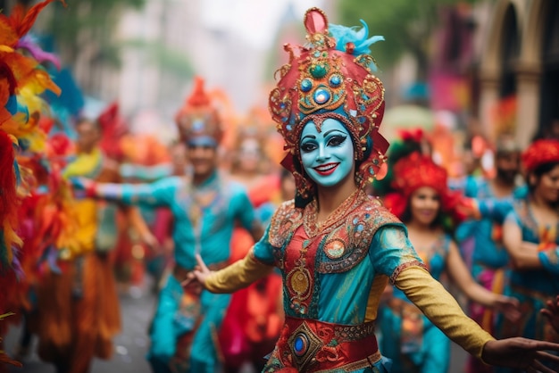 levendige straatparade met kleurrijke praalwagens en artiesten die kurbanbayram vieren