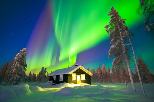 Levendige strepen van het noorderlicht, de aurora borealis, schilderen de nachtelijke hemel boven een gezellige houten h