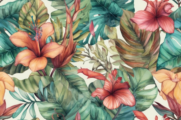 Levendige tropische bloemen en bladeren in aquarel Generatieve AI