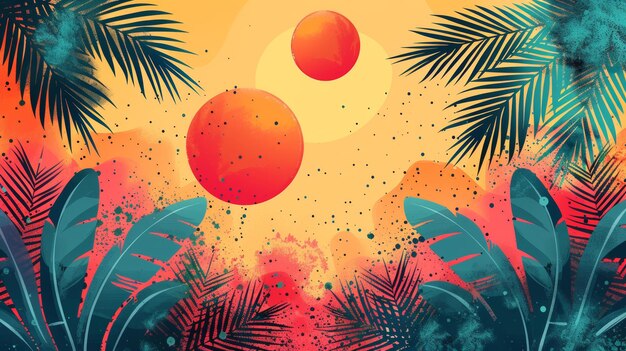 Foto levendige tropische zonsondergang met gedurfde kleuren en palmsilhouetten kunstzinnige zomerillustratie