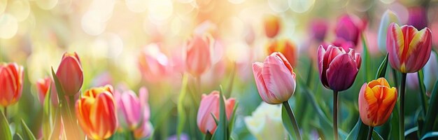 Levendige tulpen onder de zon met een achtergrond van de lente