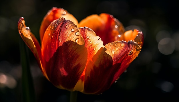 Foto levendige tulpenbloesem nat met dauwdruppels gegenereerd door kunstmatige intelligentie