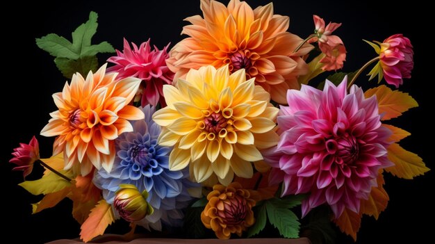 levendige veelkleurige dahlia's bloeien in de herfststudio-opname