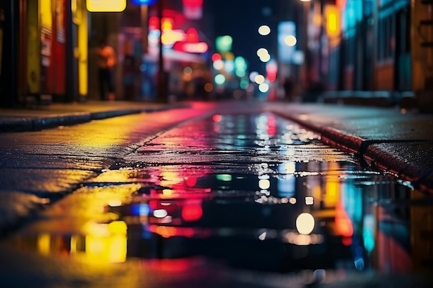 Levendige veelkleurige neonlichten op een reflecterende donkere stadsstraat Generatieve AI