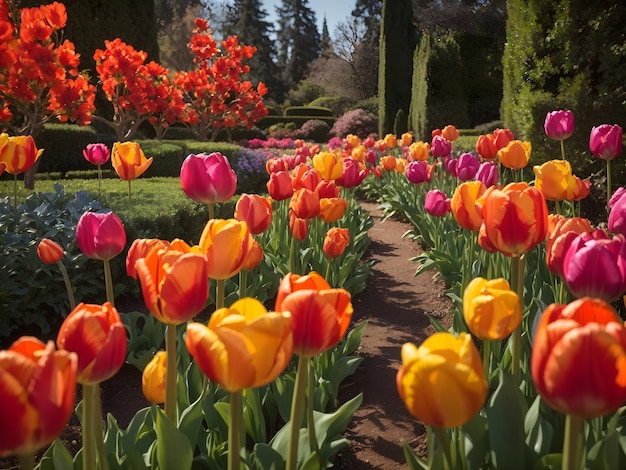 Levendige veelkleurige tulpenbloesem te midden van een formeel tuinlandschap