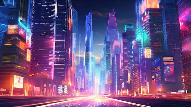 levendige verlichte stad 's nachts met neonlichten en een futuristisch gevoel