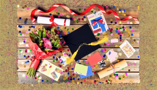 Foto levendige viering van academische prestaties met ballonnen en geschenken