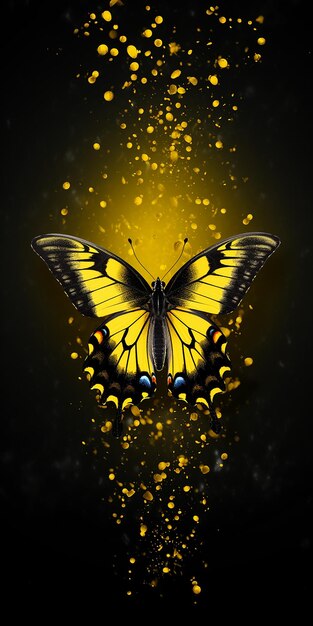 Levendige vlinder op geel en zwart behang