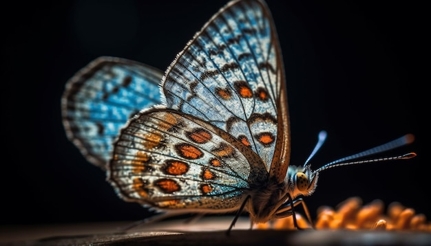 Levendige vlindervleugel gespot op gele bloem gegenereerd door AI