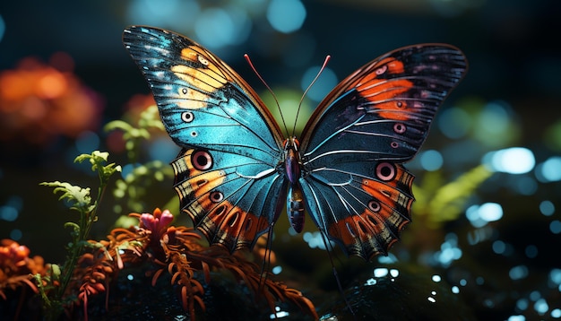 Foto levendige vlindervleugel toont de schoonheid van de natuur in veelkleurige elegantie gegenereerd door kunstmatige intelligentie