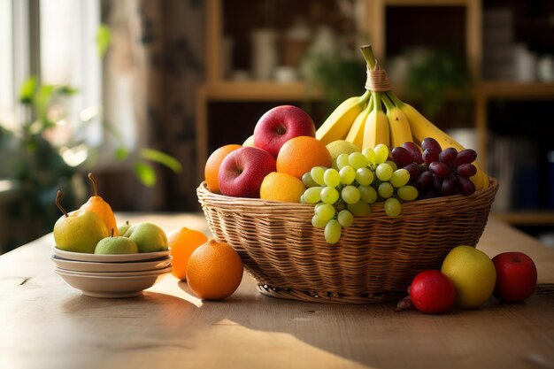 Levendige vruchten uit de natuur, tentoongesteld op een rustieke keukentafel