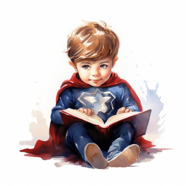 Levendige waterverf illustratie van een baby superheld jongen die een boek leest in 4K met een witte achtergrond