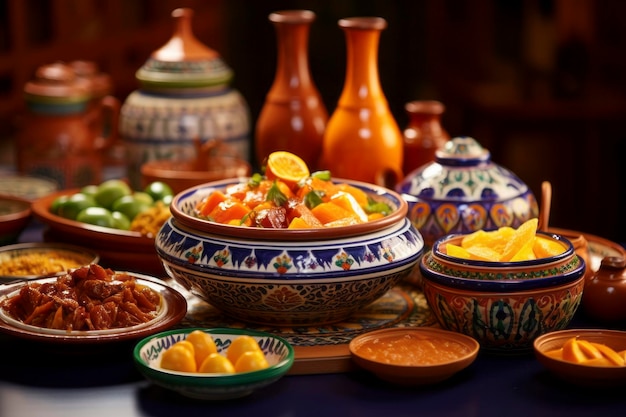 Foto levendige weergave van traditionele oezbeekse gerechten, waarin de rijke smaken en het erfgoed van de oosterse keuken worden getoond