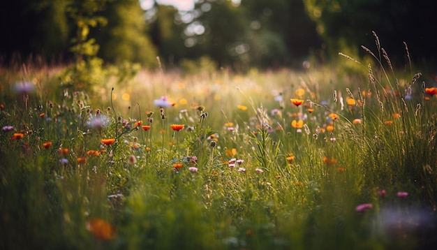 Levendige wilde bloemen bloeien in een rustige weide bij zonsondergang, natuurschoon gegenereerd door kunstmatige intelligentie