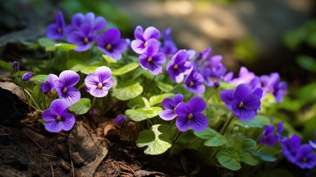 Levendige wilde viooltjes in een weelderige bosomgeving