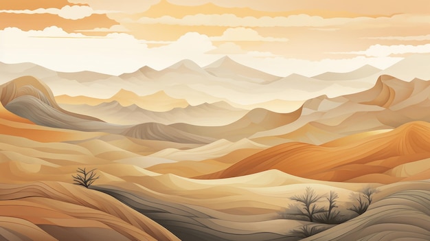 Levendige woestijnlandschapstekening met warme kleurenpaletten
