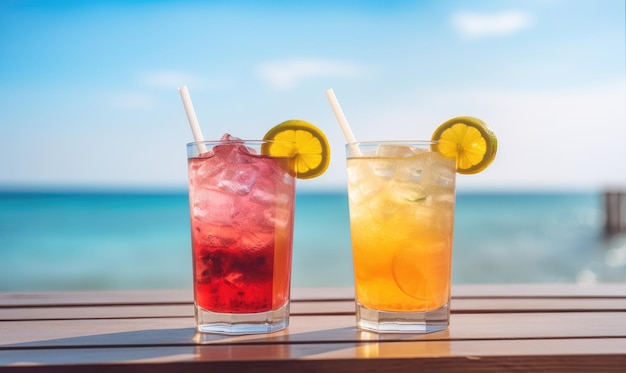 Levendige zomerse drankjes op een houten tafel met uitzicht op de oceaan Diverse kleurrijke dranken met een serene oceaanachtergrond AI Generative