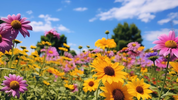 Levendige zonnebloemvelden in een kleurrijk park