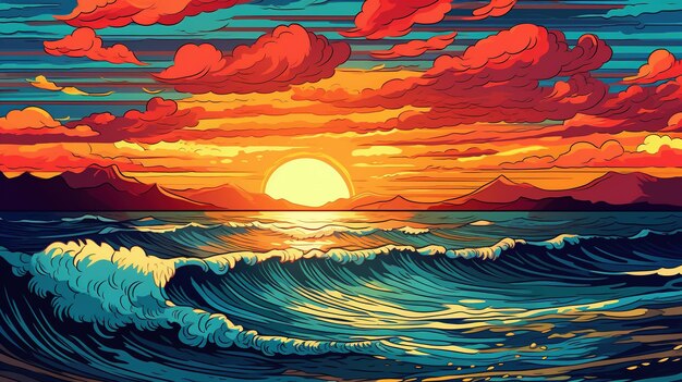 Levendige zonsondergang over de oceaan Fantasie concept Illustratie schilderij