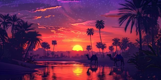 Levendige zonsondergang over een tropische oase met kamelen bij het water artistieke landschap illustratie vol kleuren perfect voor achtergronden en behang AI