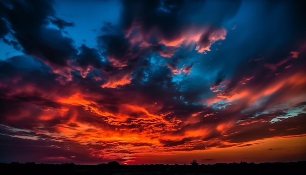 Levendige zonsonderganghemel silhouetten tegen paarse horizon gegenereerd door AI