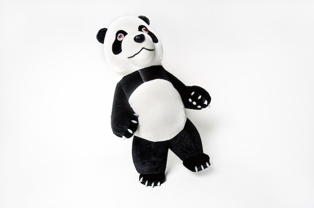 Levensgrote panda pop met een man binnen op een witte geïsoleerde achtergrond.