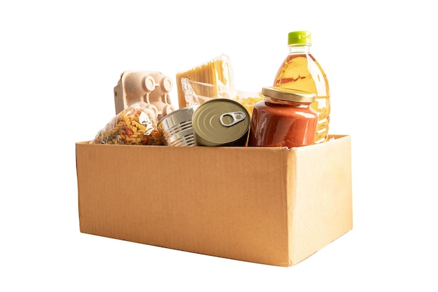 Levensmiddelen voor opslag en bezorging van donaties Diverse voedselpasta, bakolie en ingeblikt voedsel