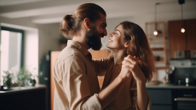 Levensmomenten Gelukkig liefhebbend jong stel dat romantische dans danst op date in moderne keuken lachende man en vrouw die verjaardag vieren Generatieve Ai