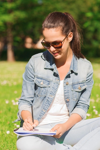 levensstijl, zomervakantie, onderwijs en mensenconcept - glimlachend jong meisje dat met potlood naar notitieboekje schrijft en op gras in park zit
