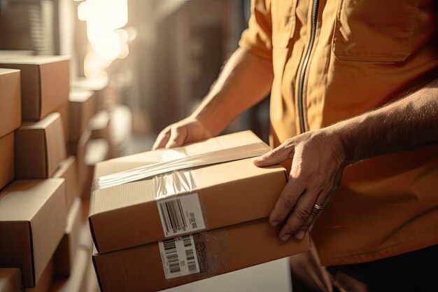 Leverancier die kartonnen dozen draagt in een logistiek magazijn logistiek concept Generatieve AI
