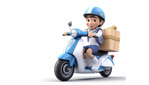 Leverancier rijdt op een scooter met een verzendkist in cartoon stijl op een witte achtergrond