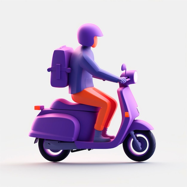 Levering man rijden bromfiets scooter 3D pictogram cartoon stijl geïsoleerd op witte achtergrond AI gegenereerd