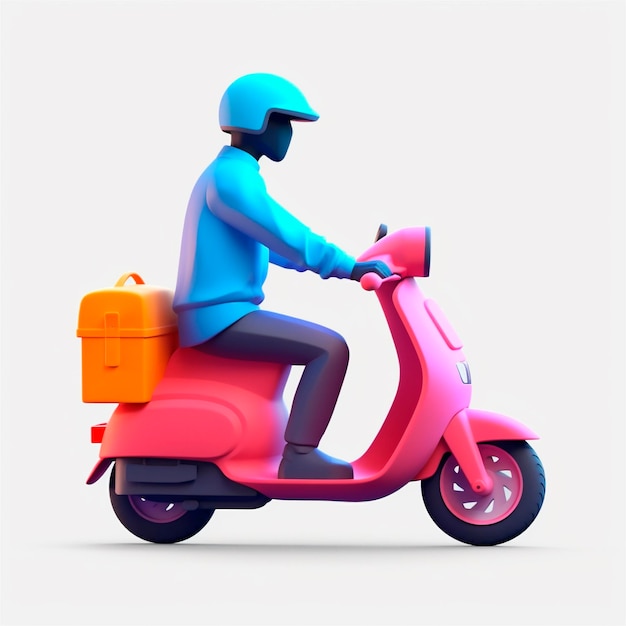 Levering man rijden bromfiets scooter 3D pictogram cartoon stijl geïsoleerd op witte achtergrond AI gegenereerd