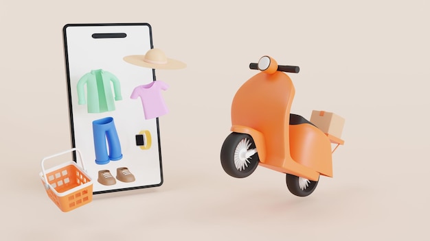 Levering per scootmobiel. Smartphone omringd door online winkelen. 3D-rendering.